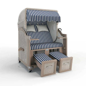 Strandkorb Landhaus Sylt Teak Vintage 120 cm, Rattangeflecht white washed, Dessin Porto 82385 - Strandkorb Fachhandel Prieß