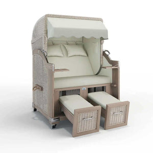 Strandkorb Landhaus Sylt Teak Vintage 120 cm, Rattangeflecht white washed, Dessin Rotterdam 25100 - Strandkorb Fachhandel Prieß