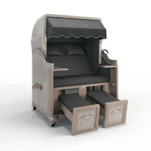 Strandkorb Landhaus Sylt Teak Vintage 120 cm, Rattangeflecht white washed, Dessin San Sebastian 31418 - Strandkorb Fachhandel Prieß