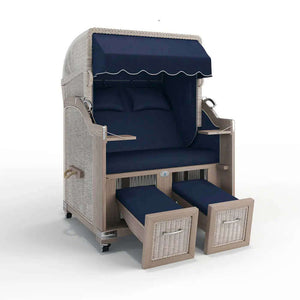 Strandkorb Landhaus Sylt Teak Vintage 120 cm, Rattangeflecht white washed, Dessin San Sebastian 31415 - Strandkorb Fachhandel Prieß