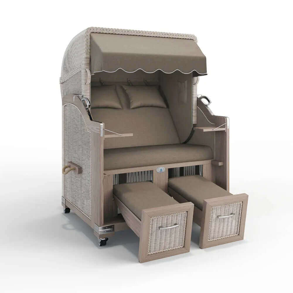 Strandkorb Landhaus Sylt Teak Vintage 120 cm, Rattangeflecht white washed, Dessin San Sebastian 31421 - Strandkorb Fachhandel Prieß