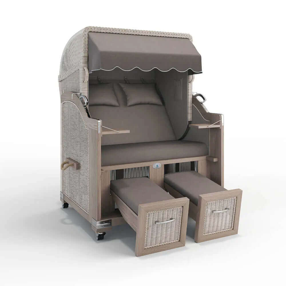 Strandkorb Landhaus Sylt Teak Vintage 120 cm, Rattangeflecht white washed, Dessin San Sebastian 31419 - Strandkorb Fachhandel Prieß