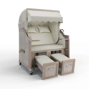 Strandkorb Landhaus Sylt Teak Vintage 120 cm, Rattangeflecht white washed, Dessin San Sebastian 31417 - Strandkorb Fachhandel Prieß