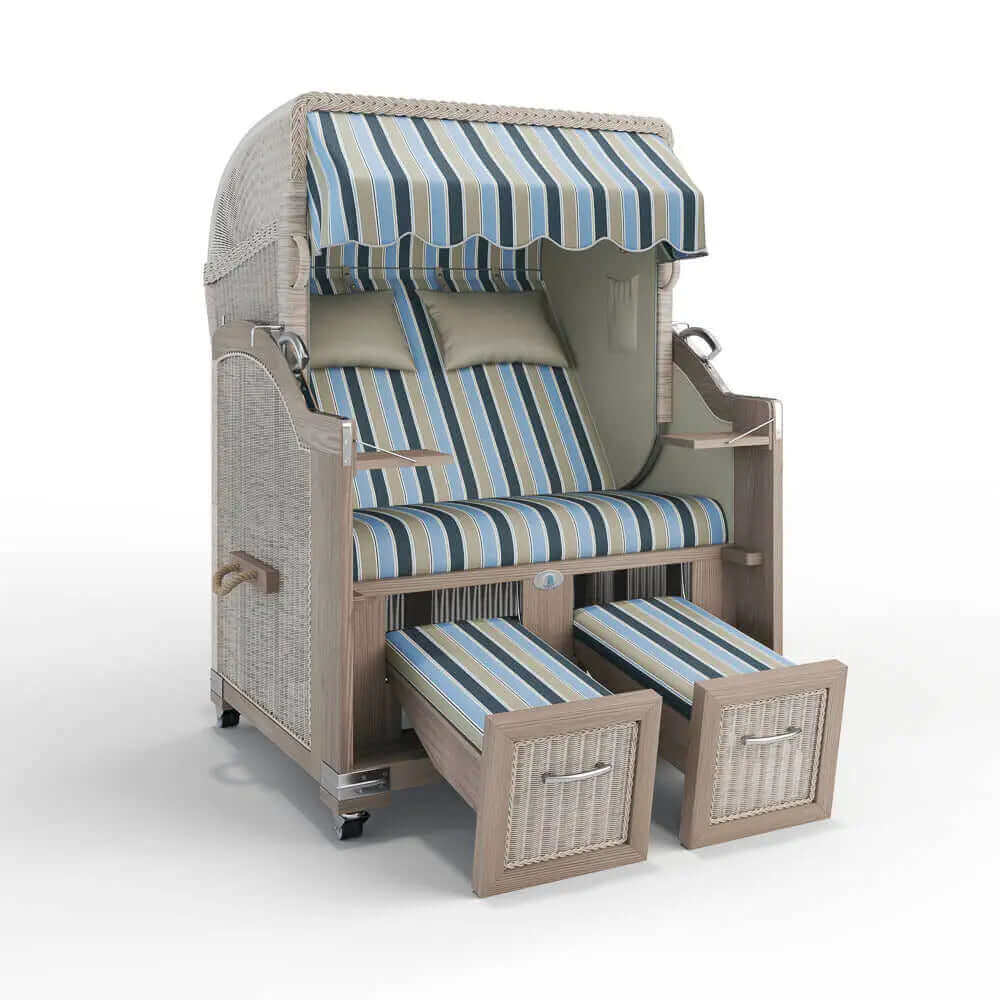 Strandkorb Landhaus Sylt Teak Vintage 120 cm, Rattangeflecht white washed, Dessin Valencia 65205 - Strandkorb Fachhandel Prieß