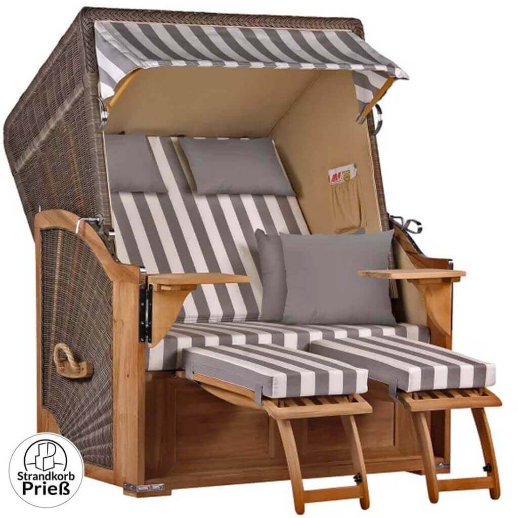 Strandkorb Seeblick Teak PE grey 2-Sitzer Dessin 513-grau-weiss - Strandkorb Fachhandel Prieß