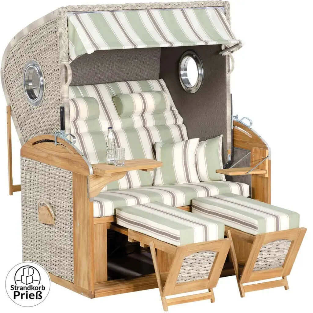 Strandkorb SunnySmart Rustikal 305 Z Bullaugen Comfort XL, TEAK - PE-Geflecht white-coral Dessin 1227 - Strandkorb Prieß