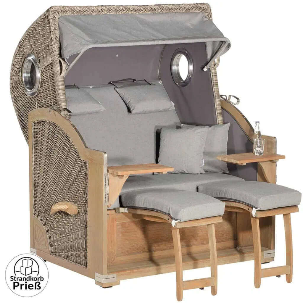 Strandkorb SunnySmart Rustikal 500 PLUS Comfort, mit Bullaugen, Mahagoni-Holz rustic-washed, PE-Geflecht basalt grau, Dessin 1222 - Strandkorb Prieß