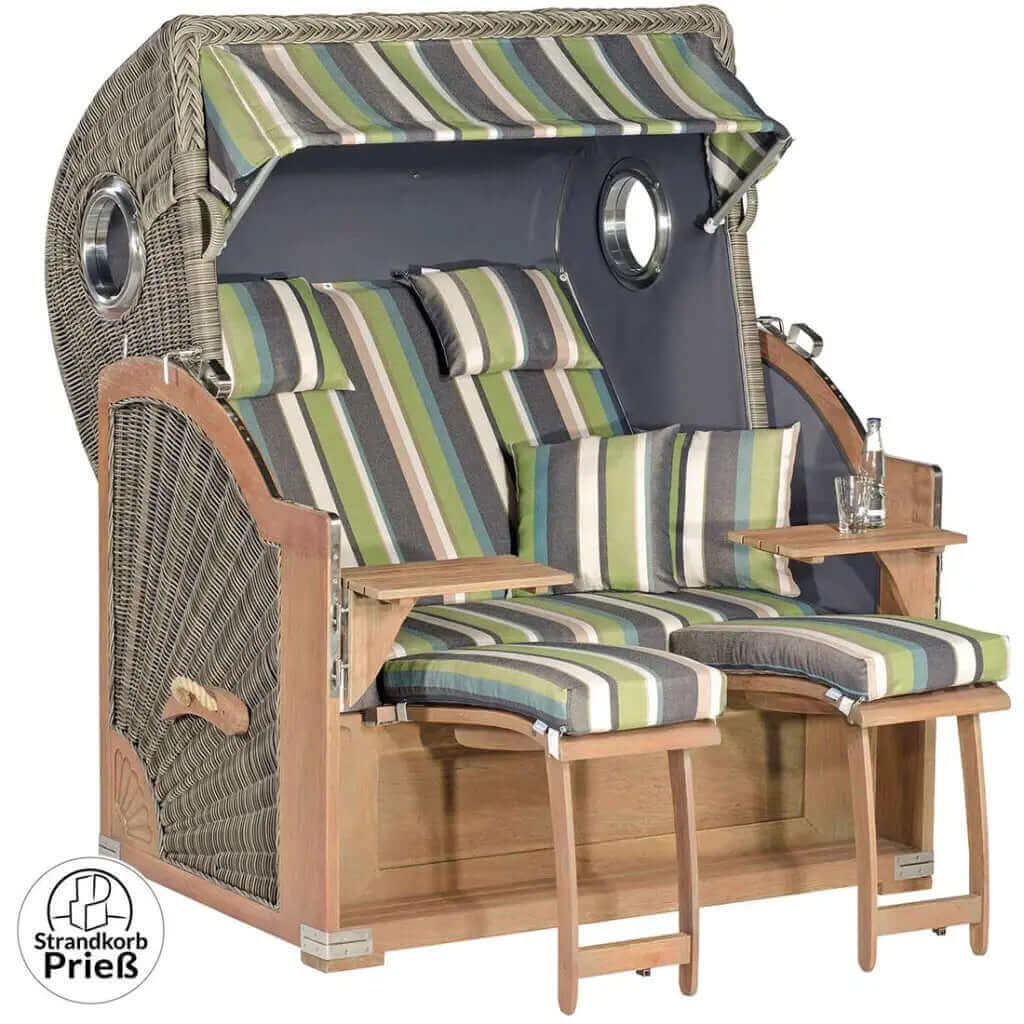 Strandkorb SunnySmart Rustikal 500 PLUS Comfort, mit Bullaugen, Mahagoni-Holz rustic-washed, PE-Geflecht basalt grau, Dessin 1226 - Strandkorb Prieß