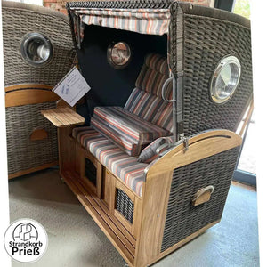 Ausstellung Strandkorb SunnySmart Rustikal 305 Z Bullaugen Comfort XL TEAK - PE-Geflecht vintage-braun, Dessin 1235 wie abgebildet - Strandkorb Fachhandel Prieß