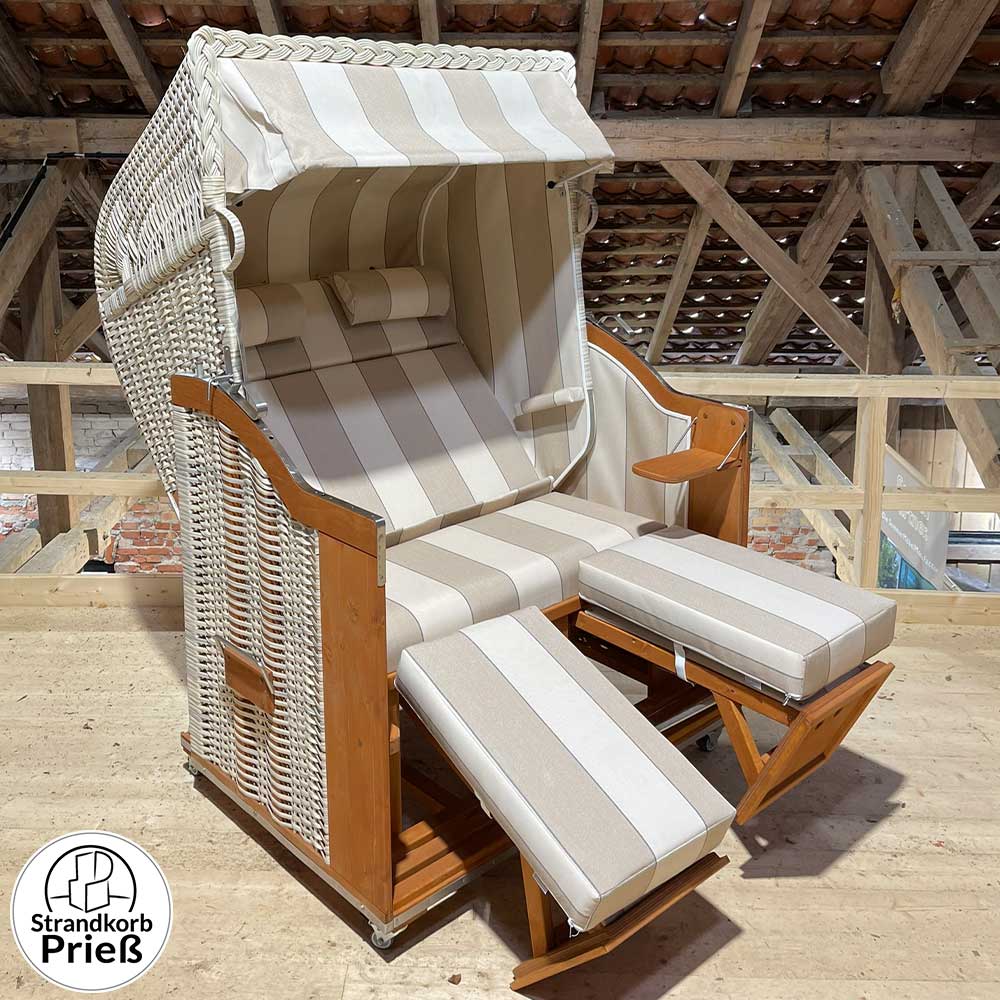 Strandkorb Sonnenpartner Modell Classic Holz natur lasiert PE-Geflecht antik weiß Dessin 54, creme beige - Strandkorb Prieß