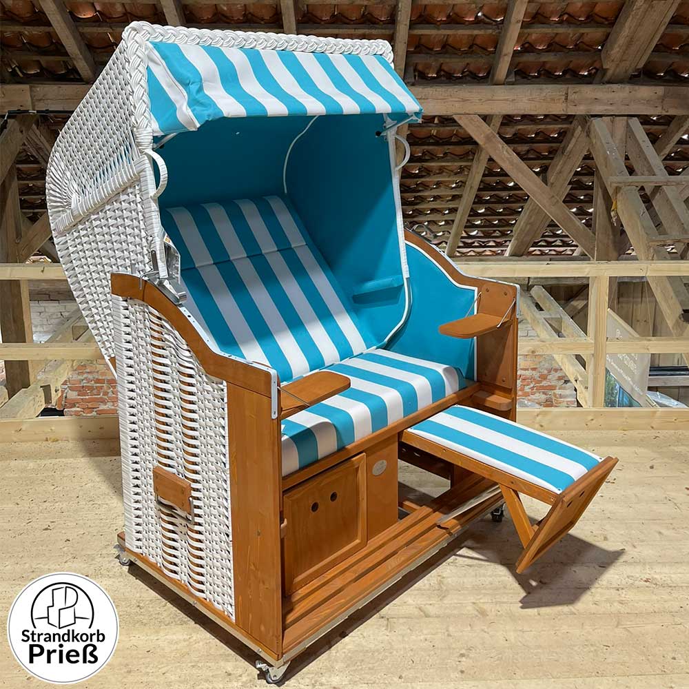 Strandkorb Sonnenpartner Modell Classic Holz natur lasiert PVC-Geflecht weiß Dessin 62-717, türkis weiss, Innen Uni türkis - Strandkorb Prieß