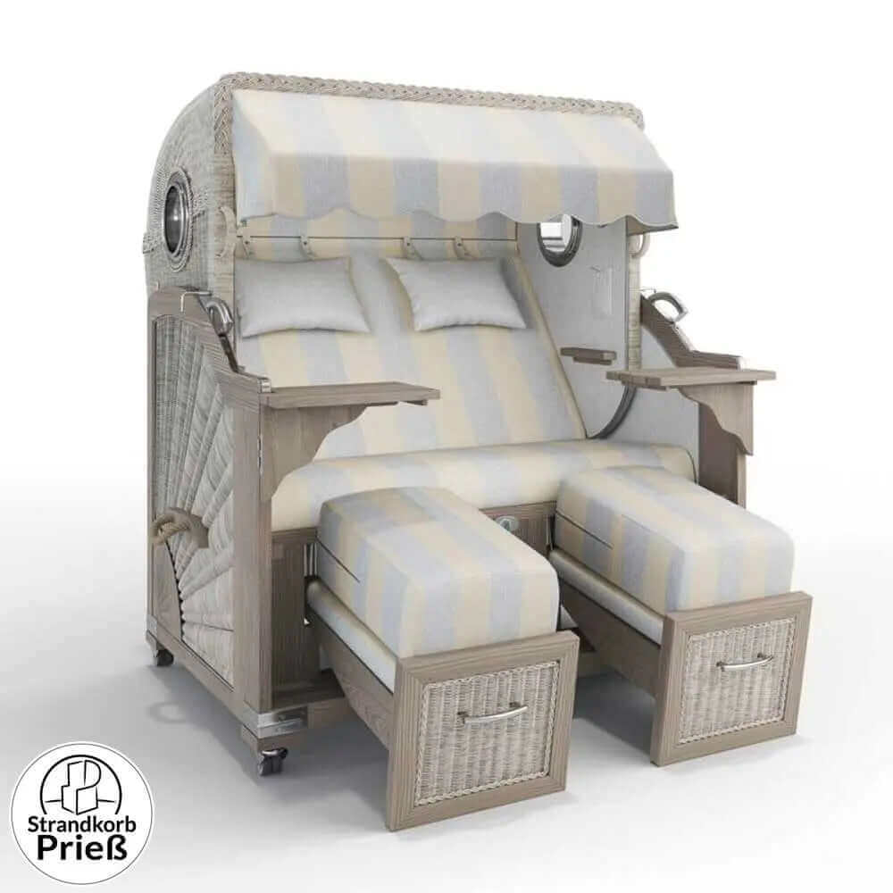 Strandkorb Strandkorbprofi Munkmarsch Teak Vintage white washed Barcelona_grau-sand_63608_Bullauge - Strandkorb Fachhandel Prieß
