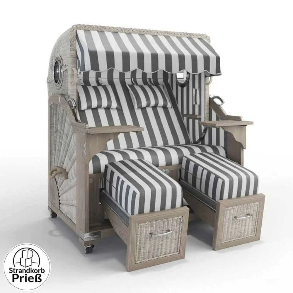 Strandkorb Strandkorbprofi Munkmarsch Teak Vintage white washed Hamburg_grau_45991_PVC-Folie-Bullauge - Strandkorb Fachhandel Prieß