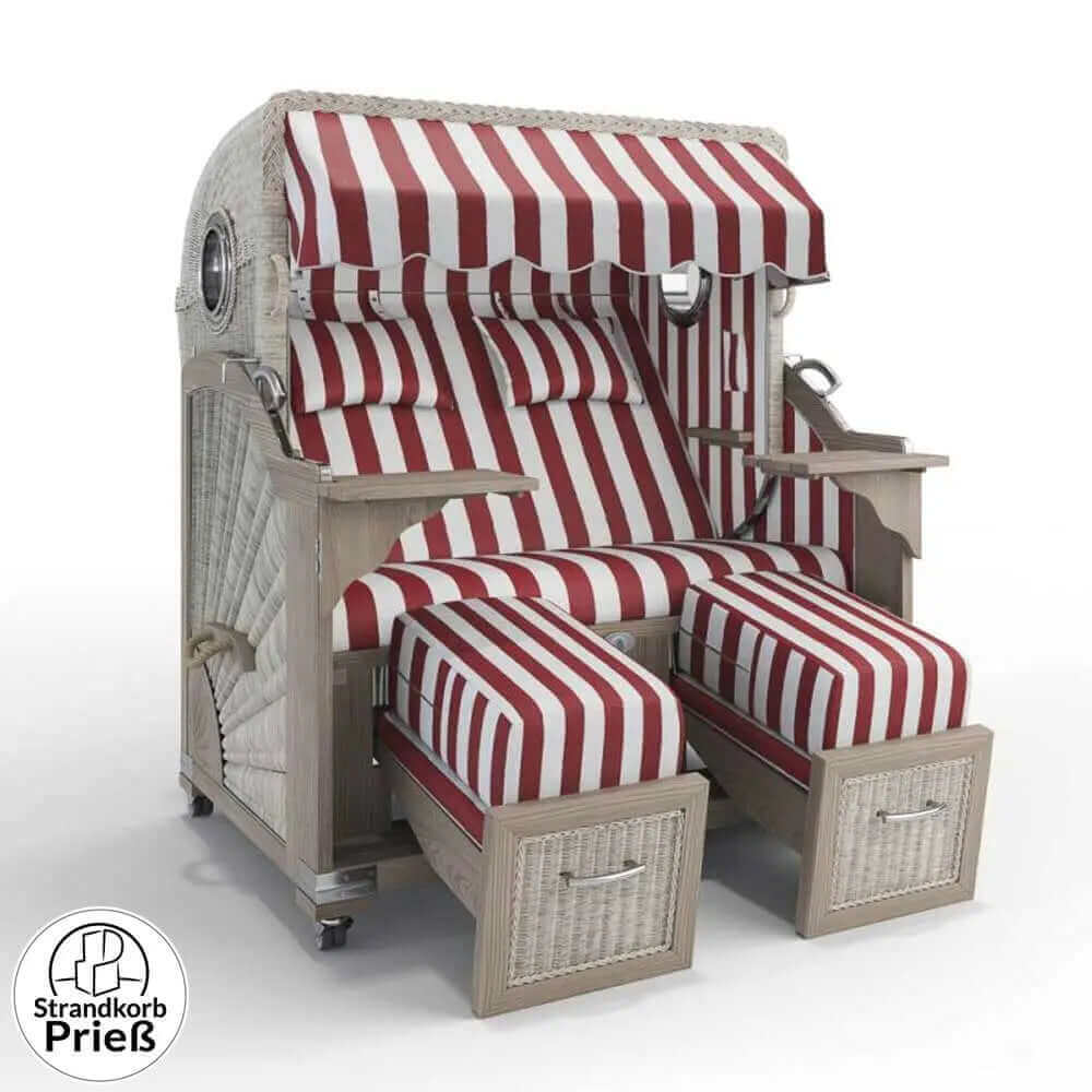 Strandkorb Strandkorbprofi Munkmarsch Teak Vintage white washed Hamburg_rot_45903_PVC-Folie-Bullauge - Strandkorb Fachhandel Prieß