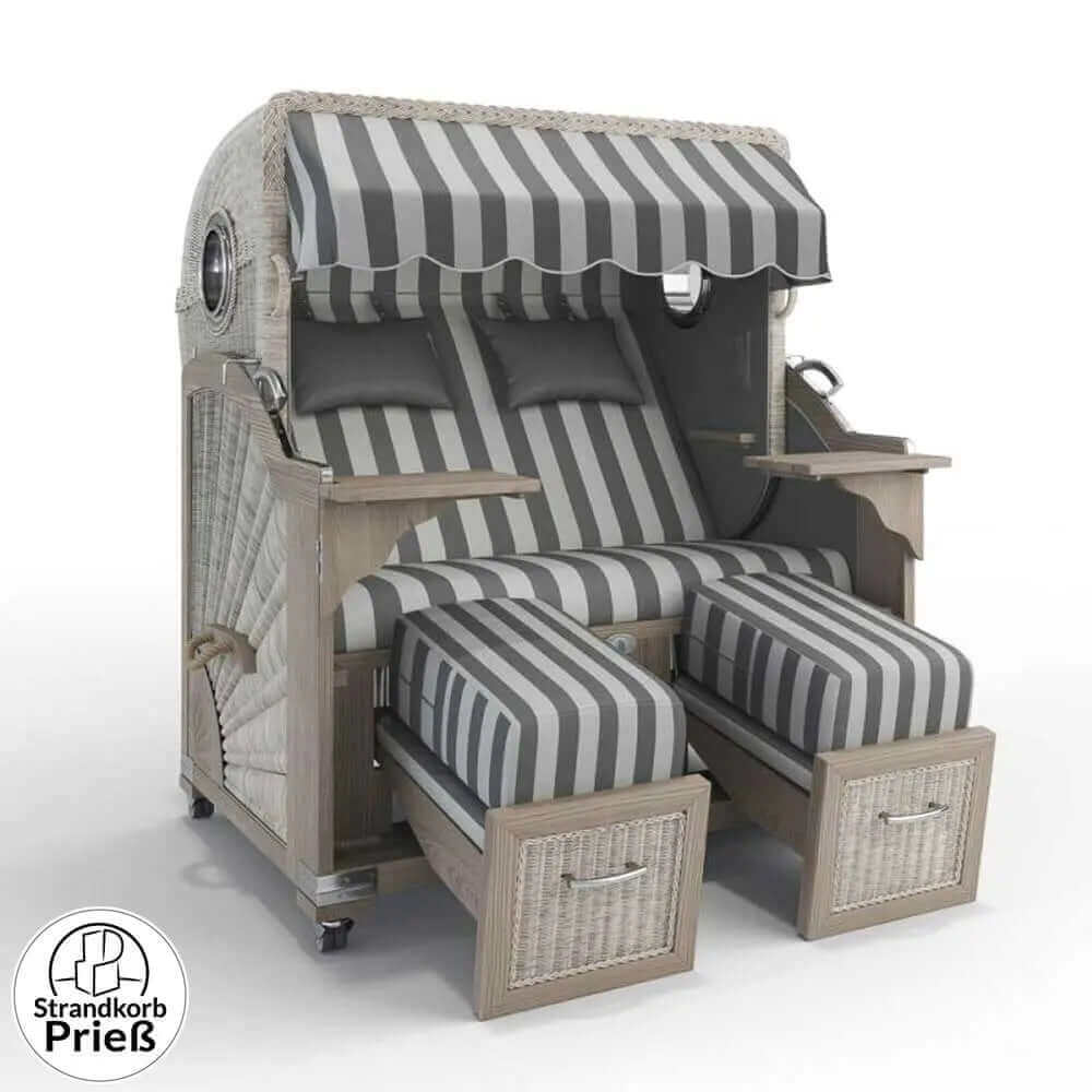 Strandkorb Strandkorbprofi Munkmarsch Teak Vintage white washed Marbella_grau_62608_Bullauge - Strandkorb Fachhandel Prieß