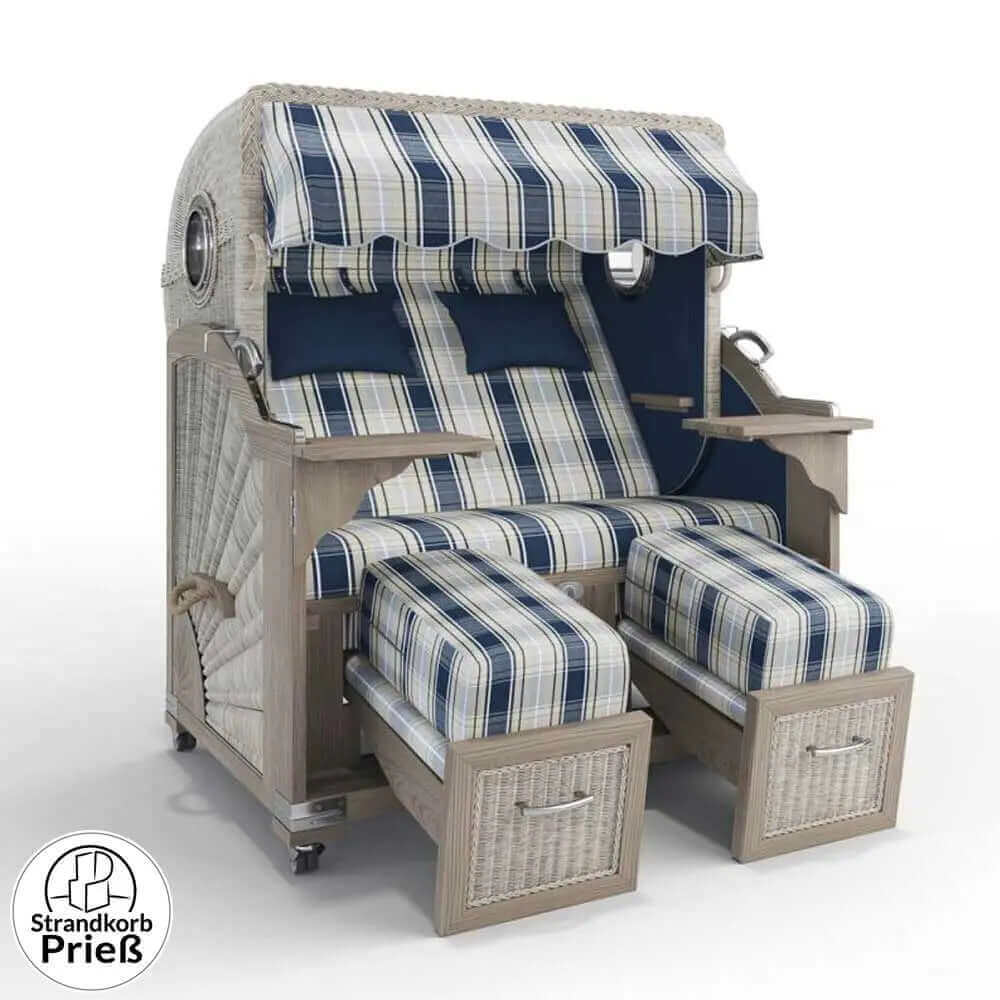 Strandkorb Strandkorbprofi Munkmarsch Teak Vintage white washed Maspalomas_blau_26105_Bullauge - Strandkorb Fachhandel Prieß