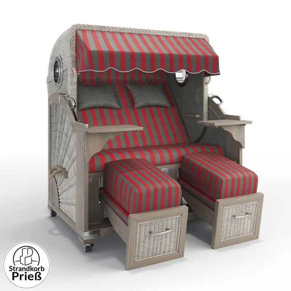Strandkorb Strandkorbprofi Munkmarsch Teak Vintage white washed Menorca_rot-grau_70300_Bullauge - Strandkorb Fachhandel Prieß