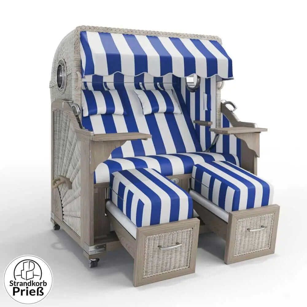 Strandkorb Strandkorbprofi Munkmarsch Teak Vintage white washed PVC_Blockstreifen_blau_40025_Bullauge - Strandkorb Fachhandel Prieß