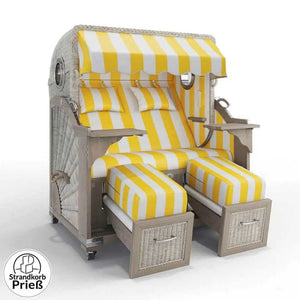 Strandkorb Strandkorbprofi Munkmarsch Teak Vintage white washed PVC_Blockstreifen_gelb_40001_Bullauge - Strandkorb Fachhandel Prieß