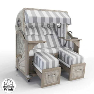 Strandkorb Strandkorbprofi Munkmarsch Teak Vintage white washed PVC_Blockstreifen_grau_40008_Bullauge - Strandkorb Fachhandel Prieß