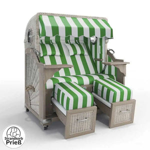 Strandkorb Strandkorbprofi Munkmarsch Teak Vintage white washed PVC_Blockstreifen_gruen_40026_Bullauge - Strandkorb Fachhandel Prieß