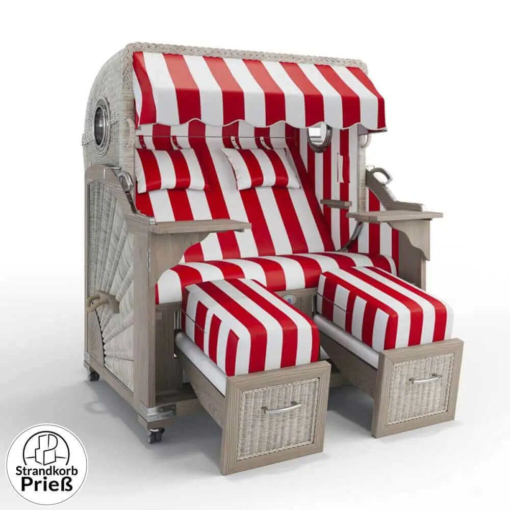 Strandkorb Strandkorbprofi Munkmarsch Teak Vintage white washed PVC_Blockstreifen_rot_40003_Bullauge - Strandkorb Fachhandel Prieß