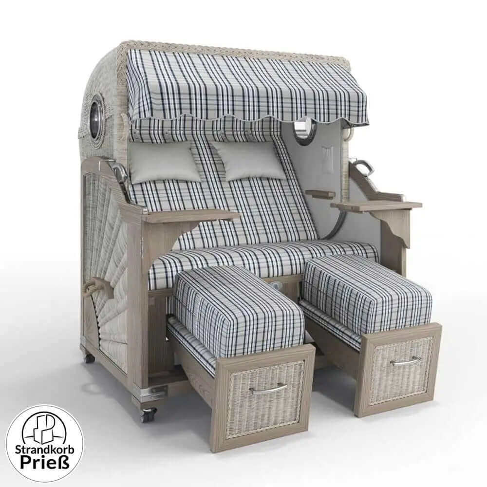 Strandkorb Strandkorbprofi Munkmarsch Teak Vintage white washed Palma_blau_24425_Bullauge - Strandkorb Fachhandel Prieß