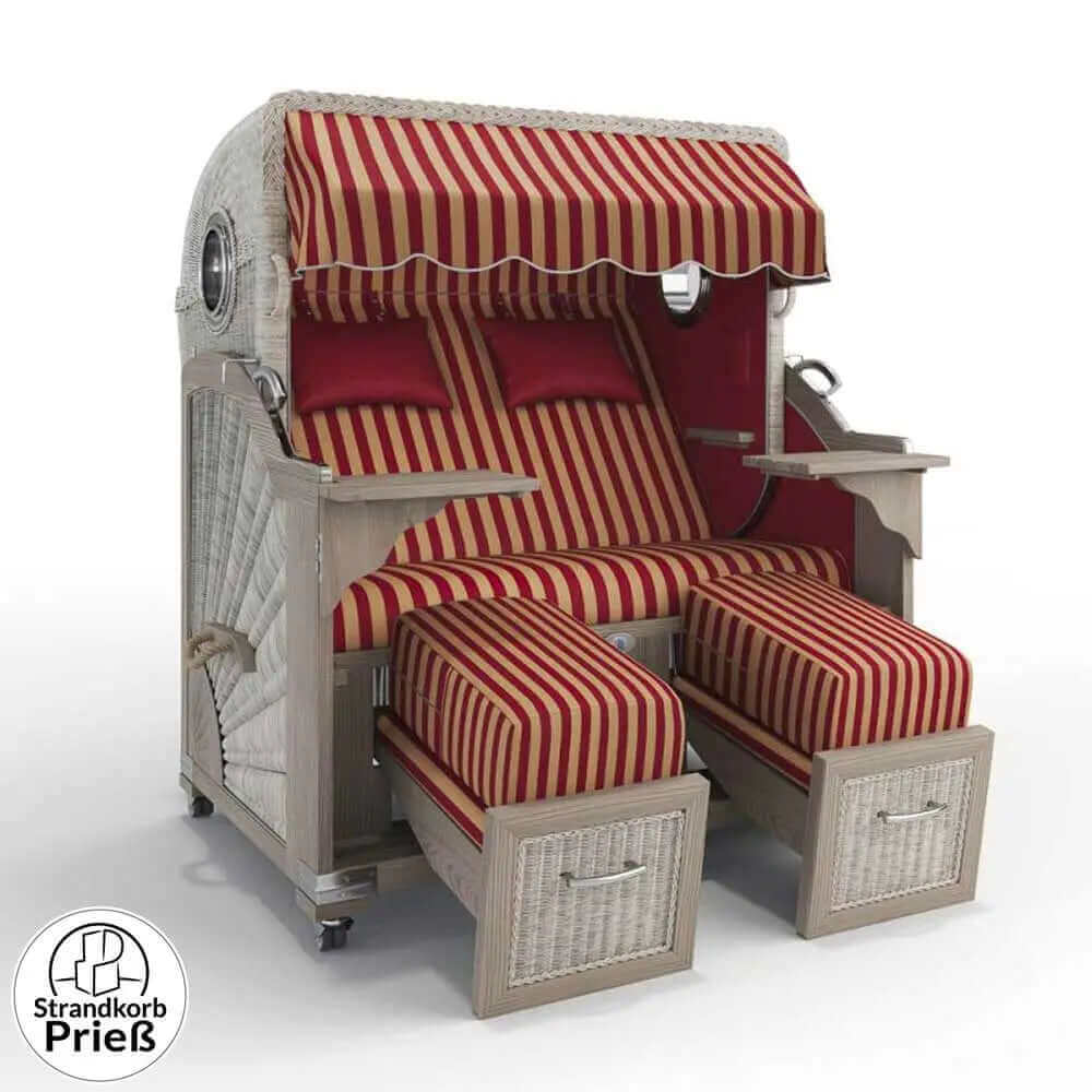 Strandkorb Strandkorbprofi Munkmarsch Teak Vintage white washed Porto_rot-creme_82333_Bullauge - Strandkorb Fachhandel Prieß