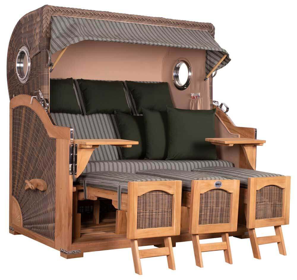 Strandkorb Mr. Deko Düne Grande Bullaugen Teak PE grey 3-Sitzer XXL Dessin 504 - Strandkorb Fachhandel Prieß