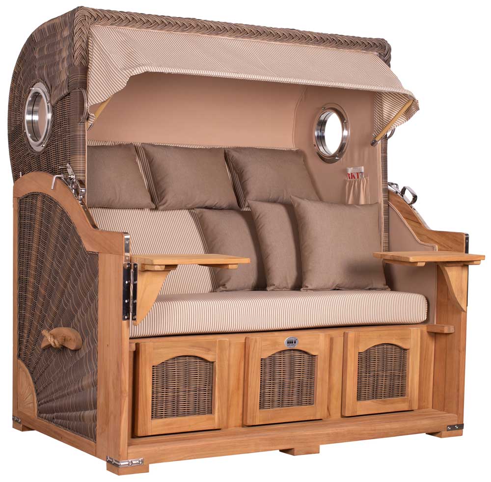 Strandkorb Mr. Deko Düne Grande Bullaugen Teak PE grey 3-Sitzer XXL Dessin 510 - Strandkorb Fachhandel Prieß