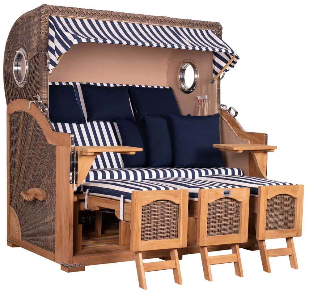 Strandkorb Mr. Deko Düne Grande Bullaugen Teak PE grey 3-Sitzer XXL Dessin 518 - Strandkorb Fachhandel Prieß