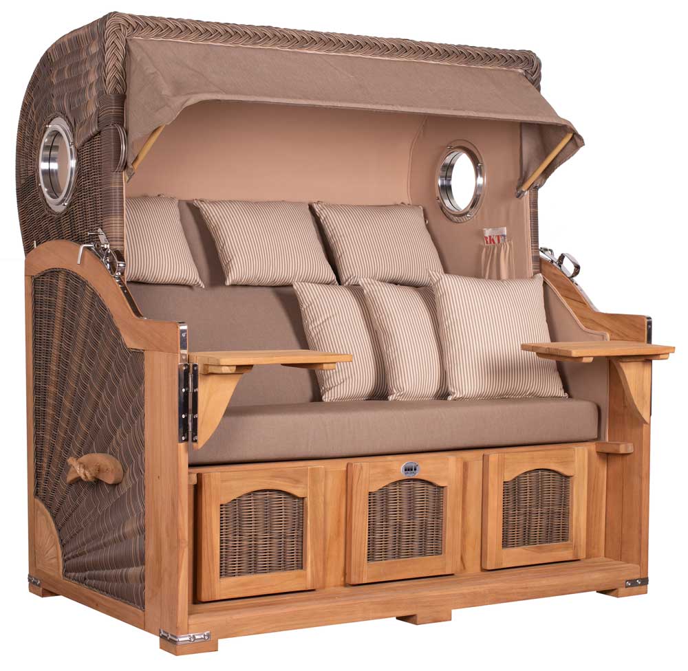 Strandkorb Mr. Deko Düne Grande Bullaugen Teak PE grey 3-Sitzer XXL Dessin 534 - Strandkorb Fachhandel Prieß