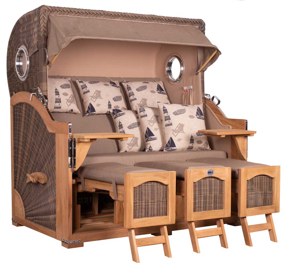 Strandkorb Mr. Deko Düne Grande Bullaugen Teak PE grey 3-Sitzer XXL Dessin 540 - Strandkorb Fachhandel Prieß