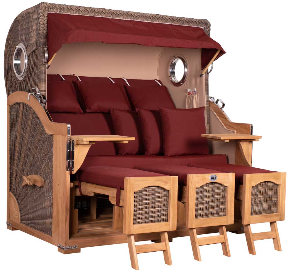 Strandkorb Mr. Deko Düne Grande Bullaugen Teak PE grey 3-Sitzer XXL Dessin 550 - Strandkorb Fachhandel Prieß