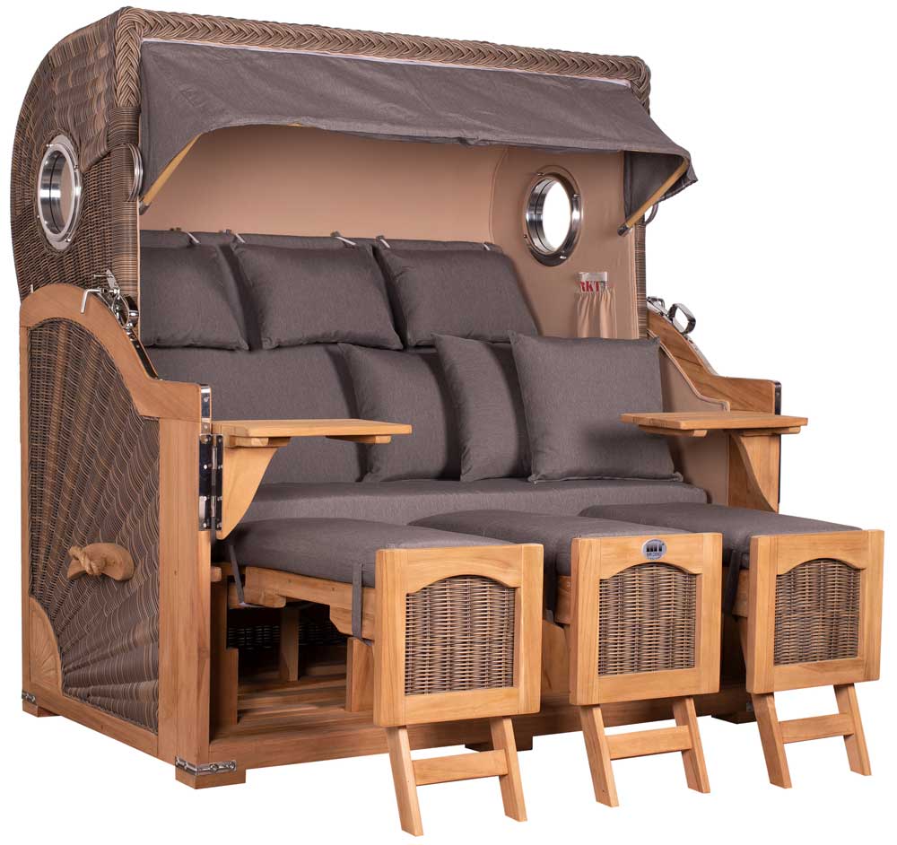 Strandkorb Mr. Deko Düne Grande Bullaugen Teak PE grey 3-Sitzer XXL Dessin 551 - Strandkorb Fachhandel Prieß