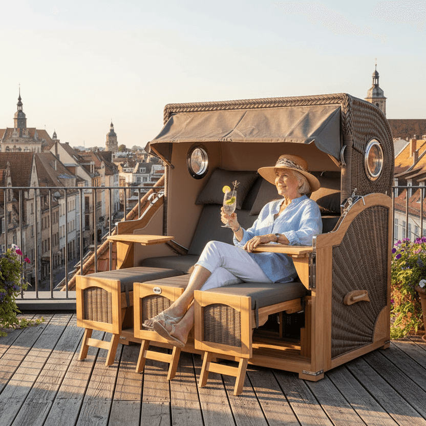 Strandkorb Düne Grande Dreisitzer XXL aus Teak mit Bullaugen auf Dachterrasse, Person entspannt mit Getränk im Strandkorb