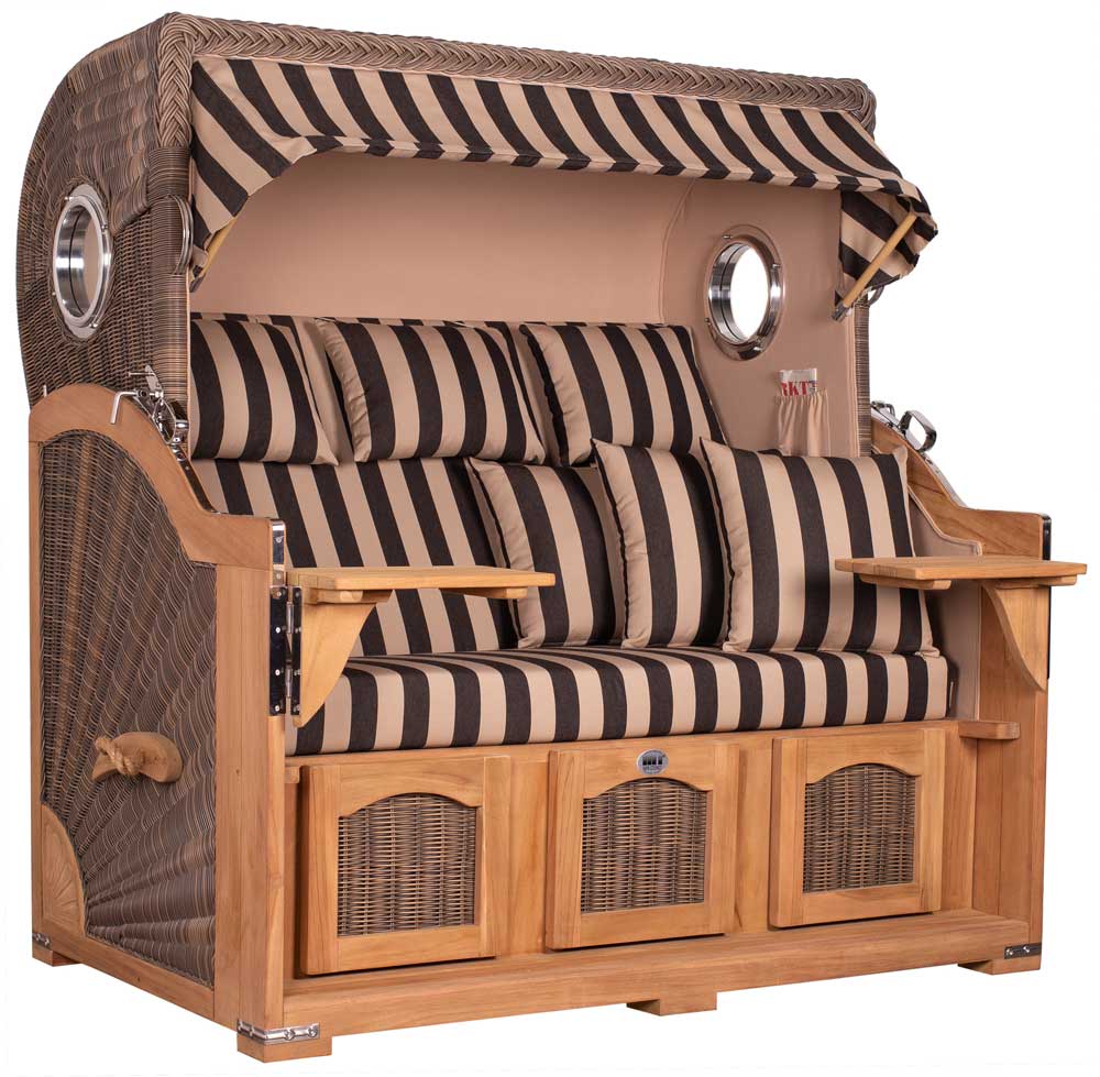 Strandkorb Mr. Deko Düne Grande Bullaugen Teak PE grey 3-Sitzer XXL Dessin 581 - Strandkorb Fachhandel Prieß