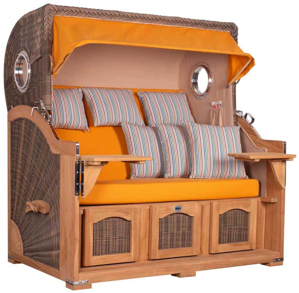 Strandkorb Mr. Deko Düne Grande Bullaugen Teak PE grey 3-Sitzer XXL Dessin 586 - Strandkorb Fachhandel Prieß