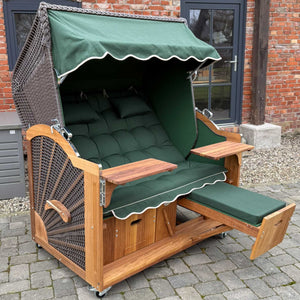 Strandkorb Prieß, Meister, Iroko, PE Geflecht cappuccino, Größe wählbar, Stoffdessin uni grün 58106 58206
