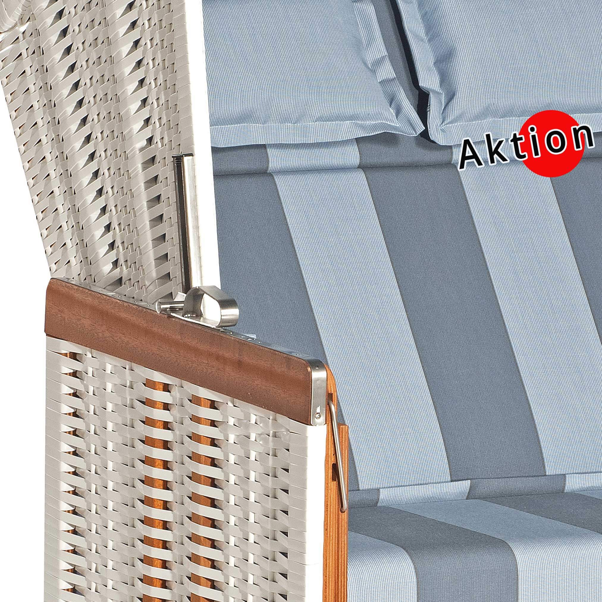 Nr. 2 -Strandkorb Sonnenpartner Modell Konsul 2-Sitzer, Geflecht weiss, Holz lasiert, Dessin 19-725 jeans blau