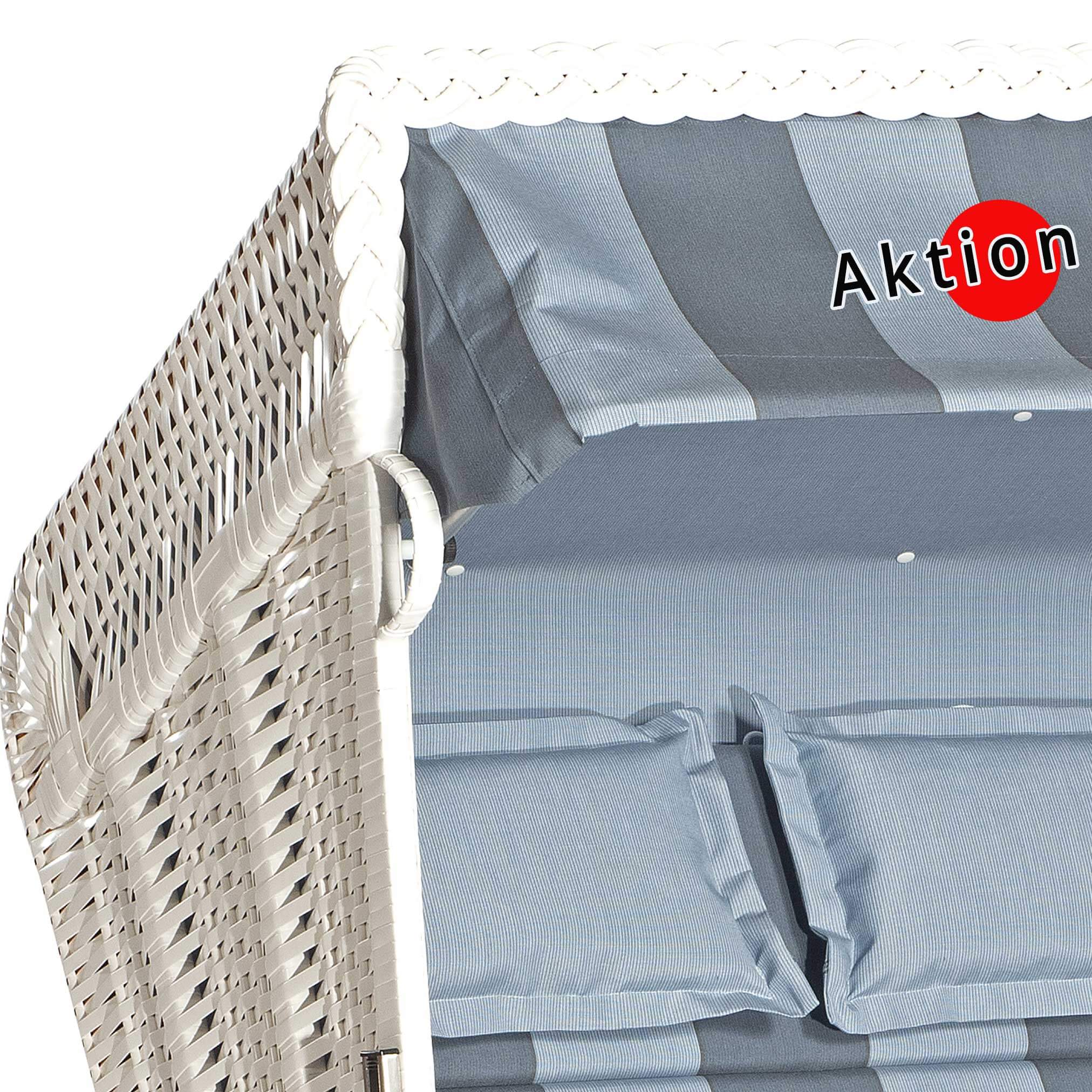 Nr. 2 -Strandkorb Sonnenpartner Modell Konsul 2-Sitzer, Geflecht weiss, Holz lasiert, Dessin 19-725 jeans blau