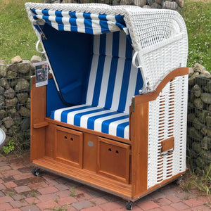 8193 Strandkorb Sonnenpartner Modell Classic Geflecht weiss, Holz lasiert, Dessin 200 Kunststofffolie Innenfolie 840 blau wie abgebildet