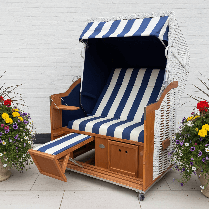 Strandkorb Sonnenpartner Classic weißes Geflecht mit blau weißem Dessin 40, Holz lasiert, Fahrrollen und verstellbarer Fußstütze