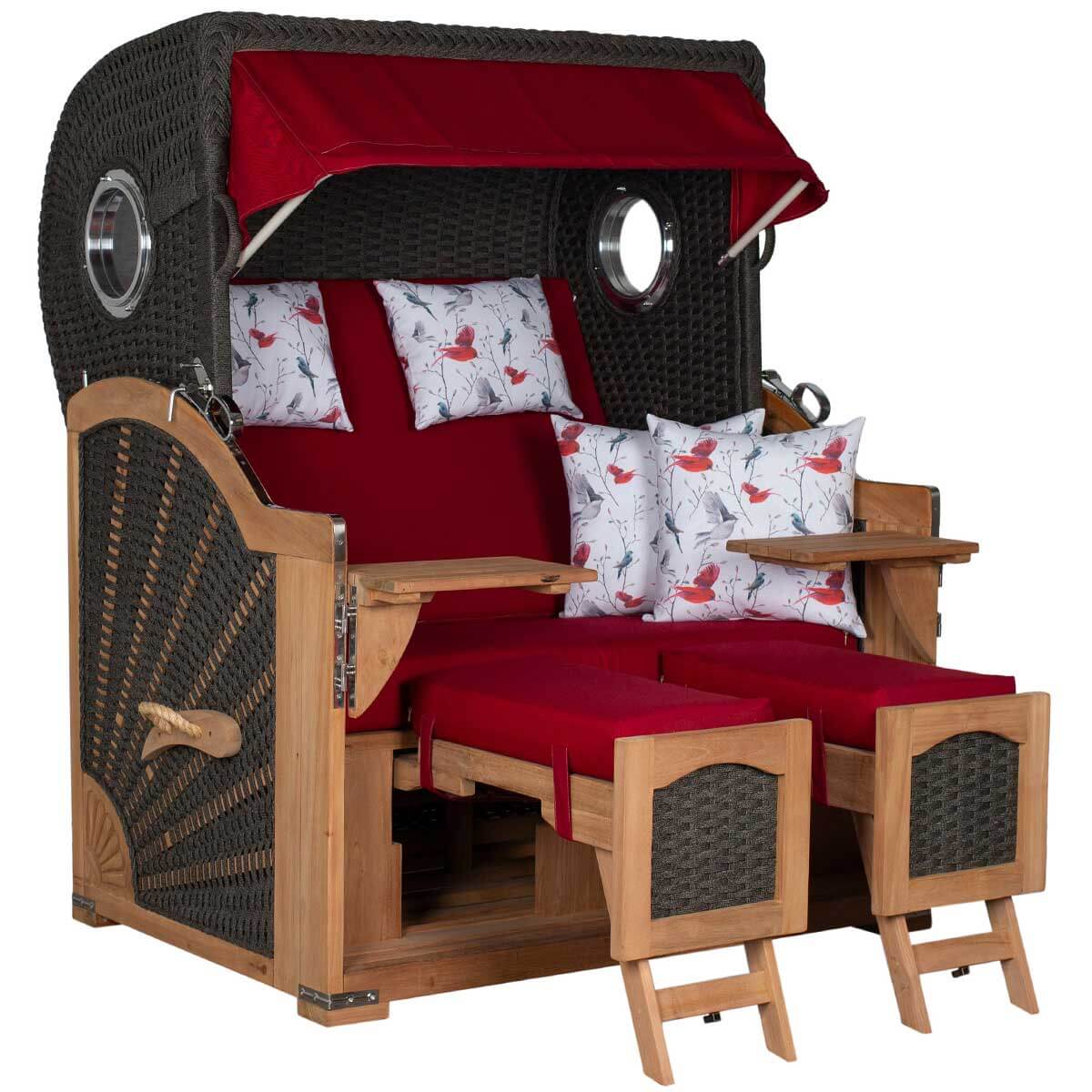 Strandkorb Aruba XL anthracit Dessin 107 – Vorderansicht mit ausgezogenen Fußrasten und Fußkissen, rotes Vogelmotiv