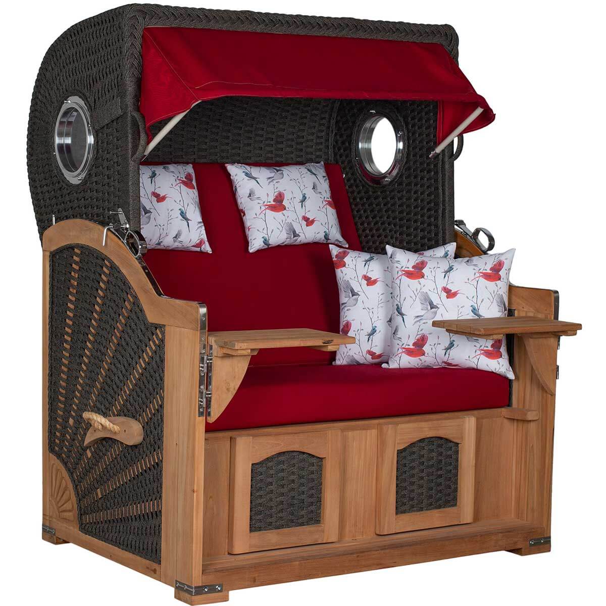 Strandkorb Aruba XL anthracit Dessin 107 – Vorderansicht mit eingeschobenen Fußrasten, Polster mit rotem Vogelmotiv