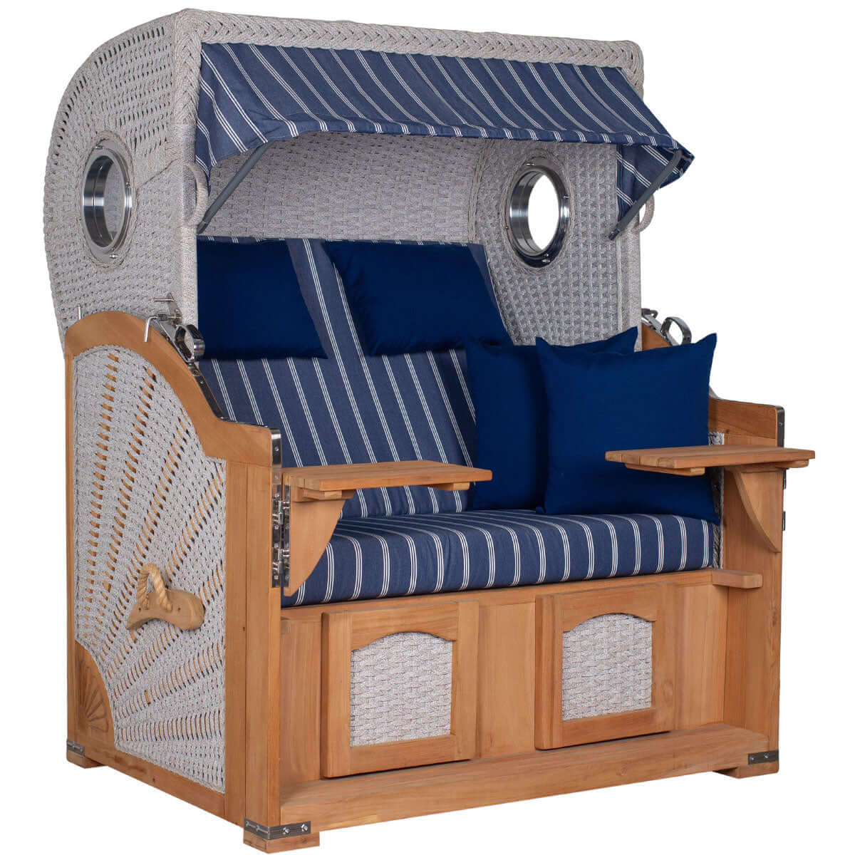 Strandkorb Aruba ivory hellrau mit Dessin 236 blau weiss gestreift