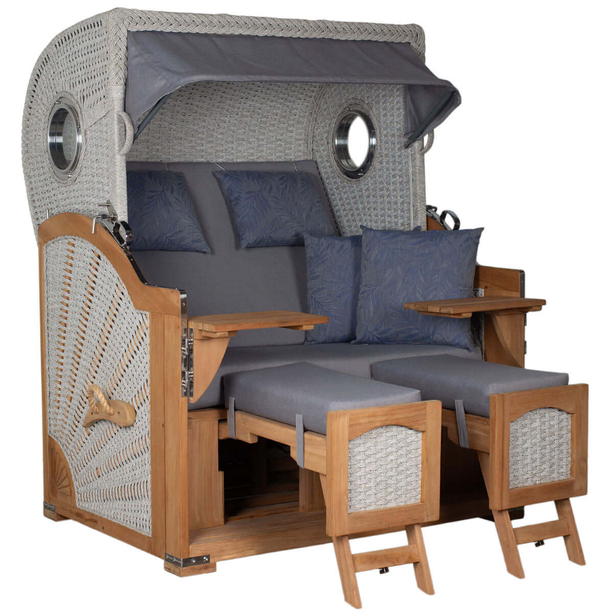 Strandkorb Aruba ivory mit Dessin 253 blau grau meliert und Fußrasten raus