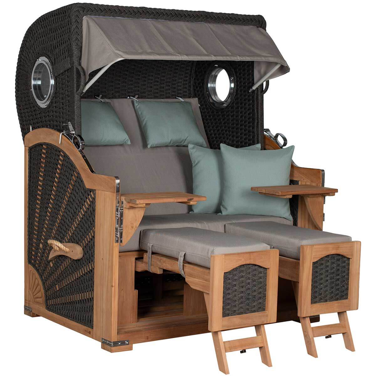 Strandkorb Aruba XL Rope anthracite mit Dessin 483 – Vorderansicht mit ausgezogenen Fußrasten