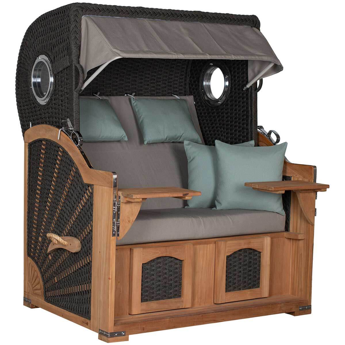 Strandkorb Aruba XL Rope anthracite mit Dessin 483 – Vorderansicht mit eingeschobenen Fußrasten