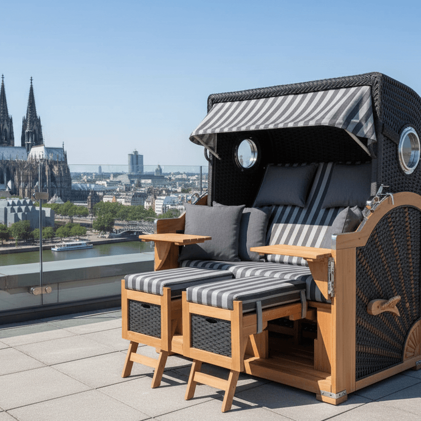 Strandkorb deVries Aruba XL Rope anthrazit Dessin 254 auf Dachterrasse mit Blick über die Stadt